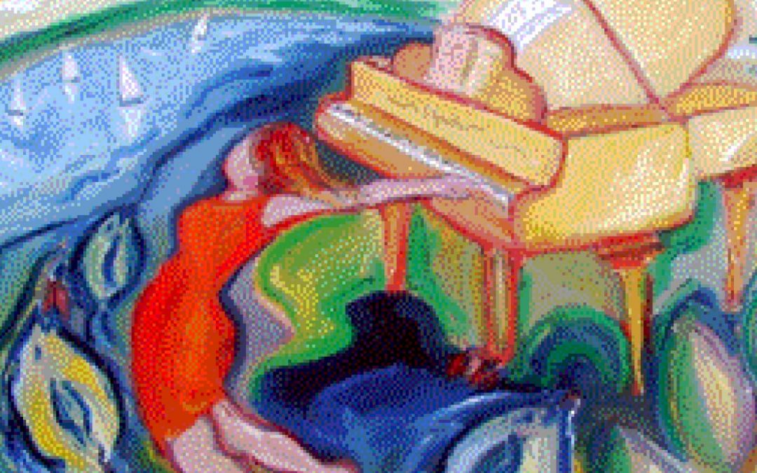 An expressionist artwork of a woman wildly playing the piano
